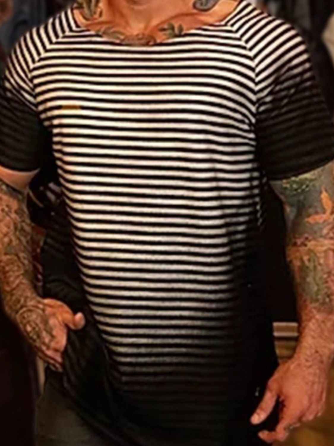 Men's Full Size Round Neck Short Sleeve Striped T-Shirt Plus Size - Damned Threads